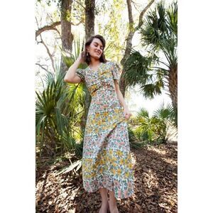 Anna Cate Women's Elise Short‎ Semi-Puffed Sleeves, V-Neck Maxi Dress, Tropicana